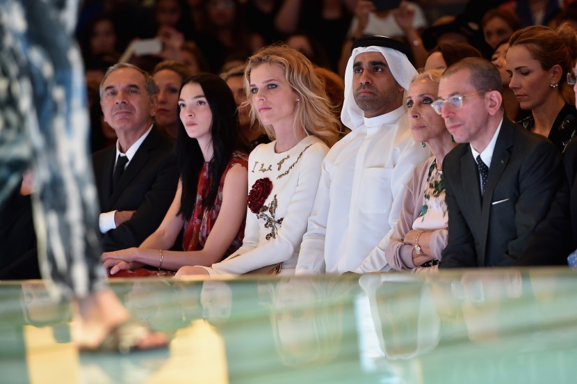 DUBAI, UNITED ARAB EMIRATES - OCTOBER 29:  (L-R) President of Camera Moda and CEO of Costume National Carlo Capasa, Mariacarla Boscono, Eva Herzigova, Nasser Rafi, Editor-in Chief of Vogue Italia Franca Sozzani, and Chief Executive Officer and Chairman of Conde Nast International Jonathan Newhouse, attend the Talents Fashion show during the Vogue Fashion Dubai Experience 2015 at The Dubai Mall on October 29, 2015 in Dubai, United Arab Emirates. (Photo by Jacopo Raule/Getty Images for Vogue and The Dubai Mall) *** Local Caption *** Carlo Capasa;Mariacarla Boscono;Eva Herzigova;Nasser Rafi;Franca Sozzani;Jonathan Newhouse