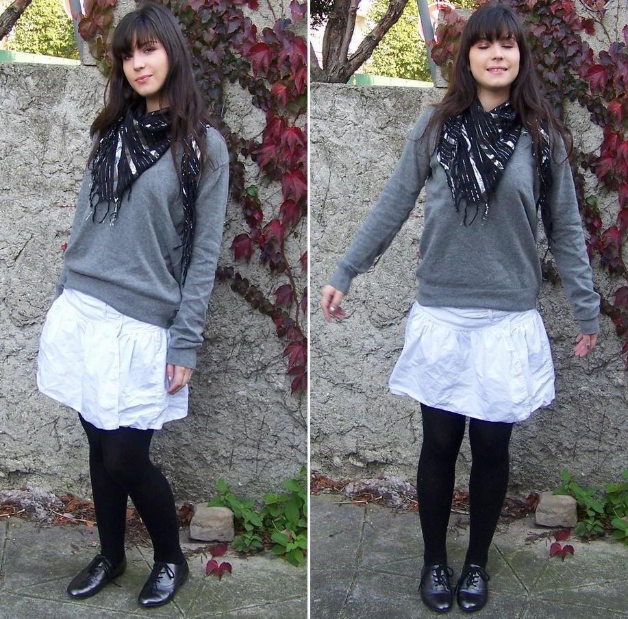 Bettie jean pull gris jupe blanche foulard – Le Blog de Betty