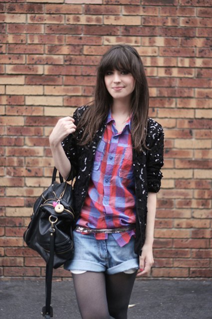 Chemise carreaux gilet sequins short jean – Le Blog de Betty