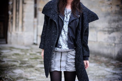 Detail manteau gris top sequins – Le Blog de Betty