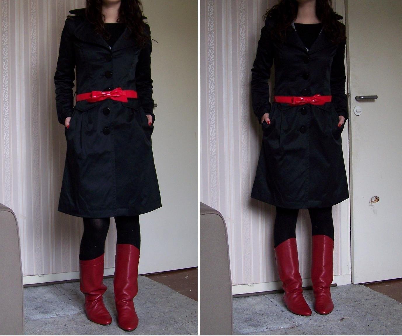 Manteau noir ceinture rouge bottes rouges – Le Blog de Betty