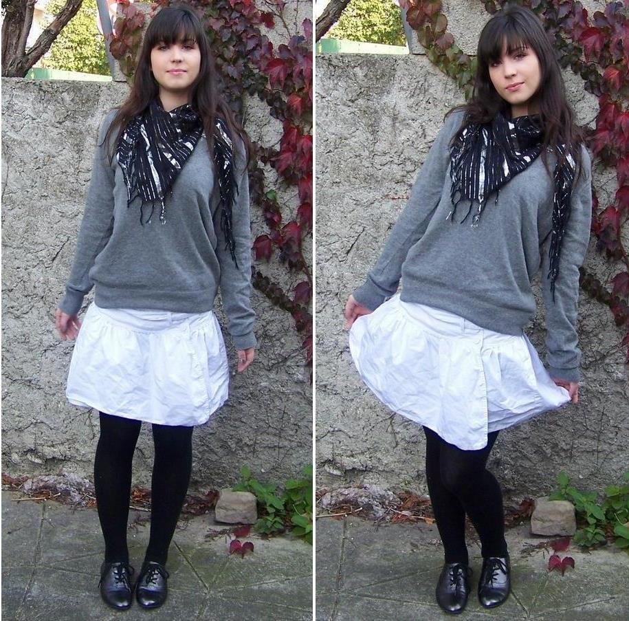 Pull gris jupe boule blanche derbies – Le Blog de Betty