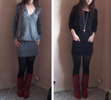Robe grise pull noir bottes rouges – Le Blog de Betty