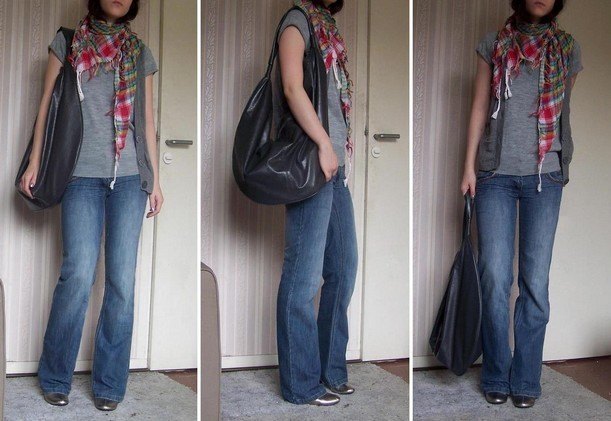 Tenue du jour tshirt gris foulard jean flare – Le Blog de Betty
