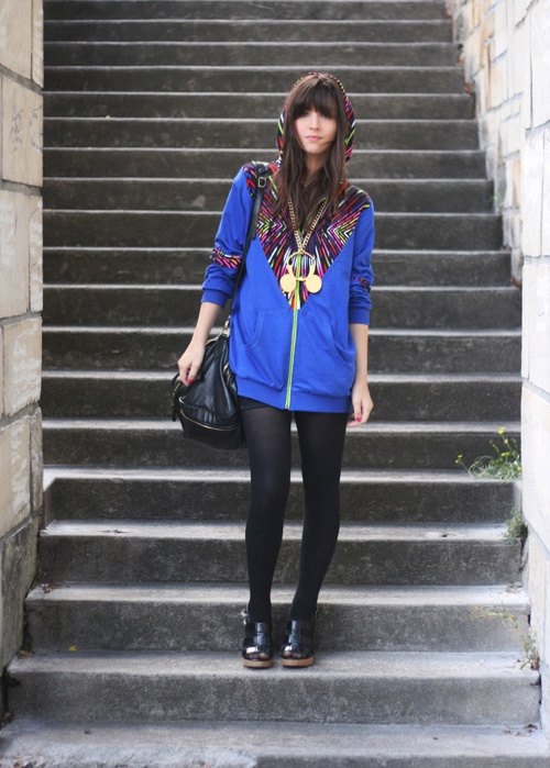 Veste bleue motifs aztec escaliers – Le Blog de Betty