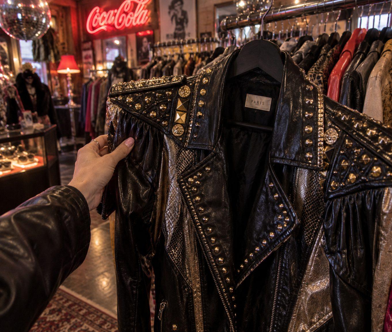 Veste en cuir noir cloutée vintage dans une friperie parisienne