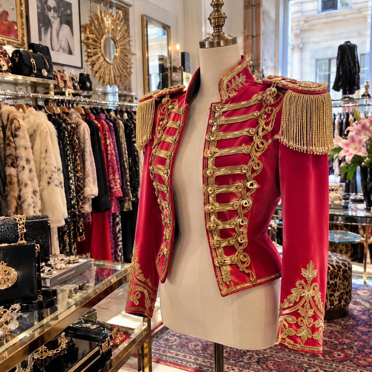 Veste militaire rouge à brandebourgs dorés dans une boutique vintage de luxe à Paris