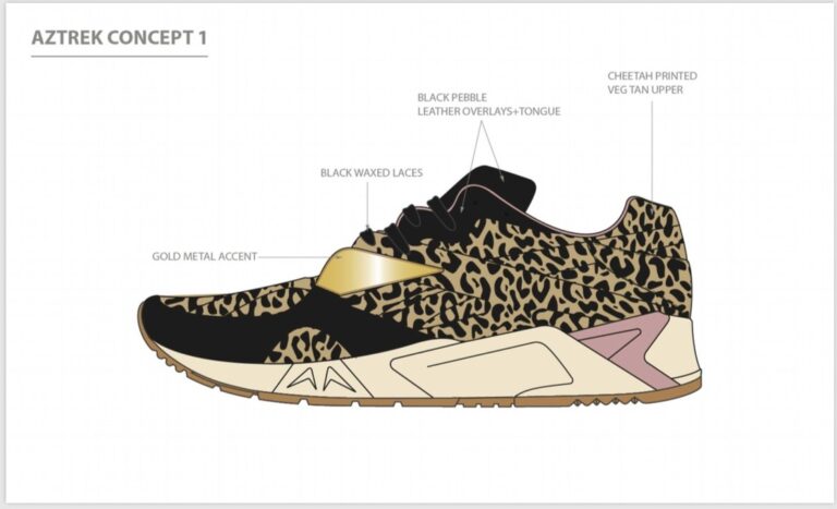 Croquis Reebok Aztrek concept 1 par Betty Autier, léopard et doré
