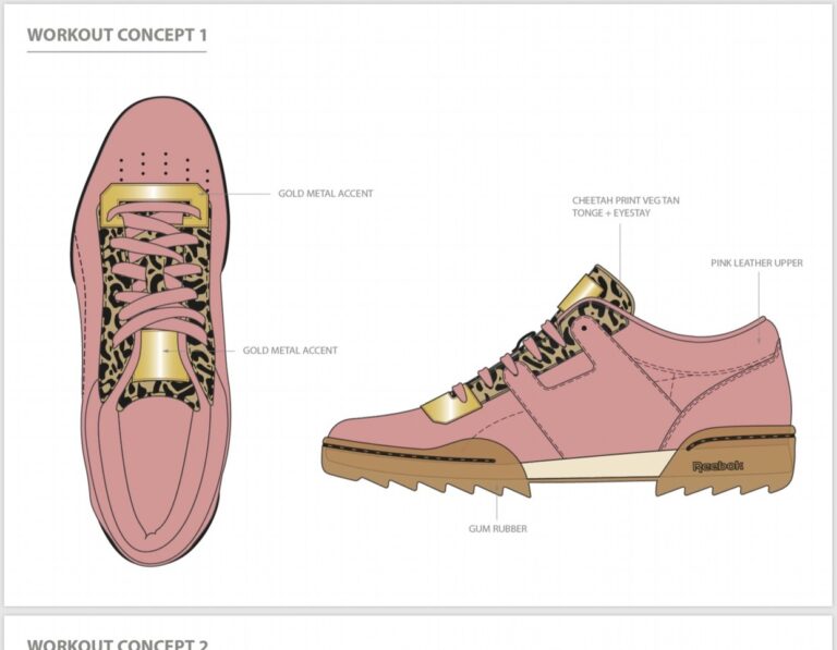 Croquis Reebok Workout concept 1 par Betty Autier, cuir rose et léopard